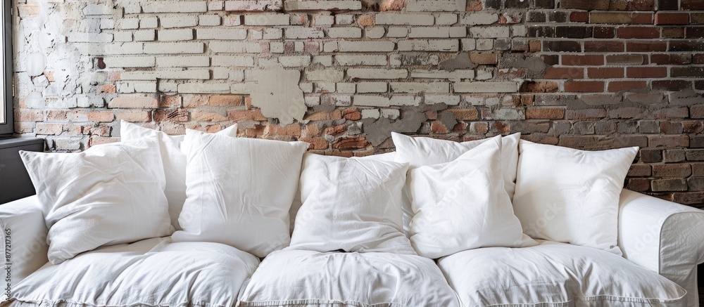 Aufkleber a comfy white sofa with cushions set against a rustic brick wall creating a snug ambiance with ample