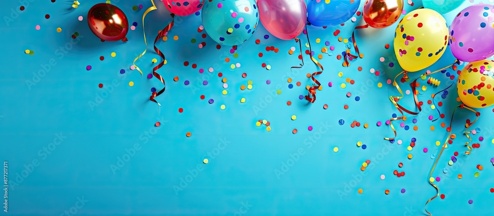 Poster Top view of a birthday or party themed image with balloons confetti and ribbons on a blue background suitable for a copy space image