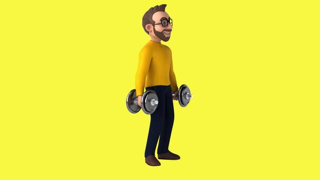 Fun 3D cartoon man lifting weights (with alpha channel included)