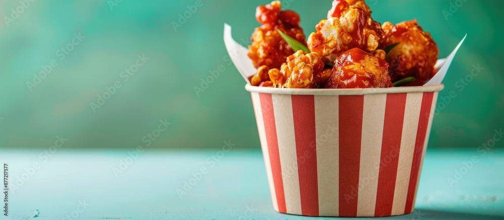 Poster colorful background showcases a paper bucket filled with delicious popcorn chicken and tomato sauce 