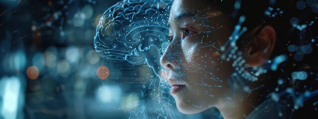 A woman is looking at a computer screen with a brain on it. Concept of curiosity and wonder as the woman stares at the brain. The blue and white colors of the image create a calming