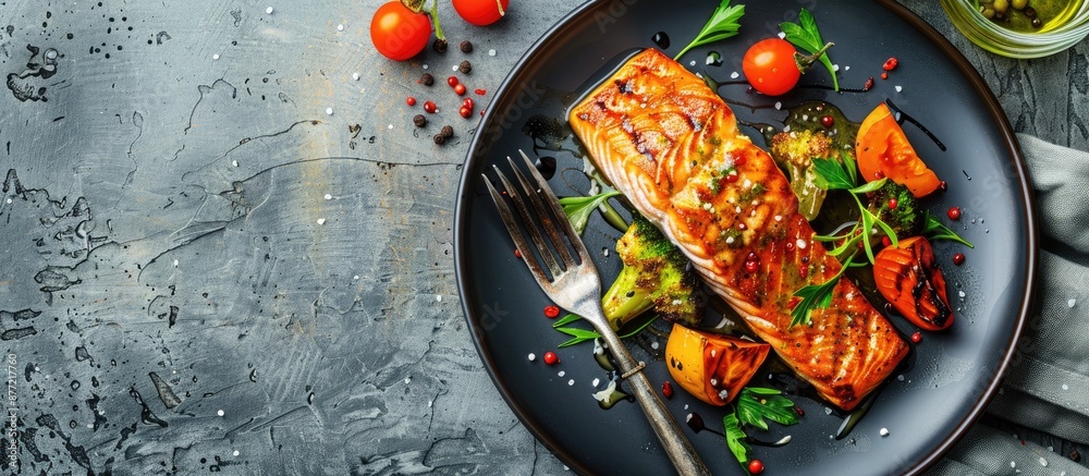 Poster top view of a grilled salmon fillet in teriyaki sauce alongside roasted vegetables on a plate with c