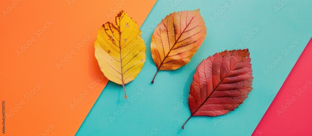 Aufkleber Minimalistic flat lay top view of three autumn leaves on a vibrant paper background with ample copy space image