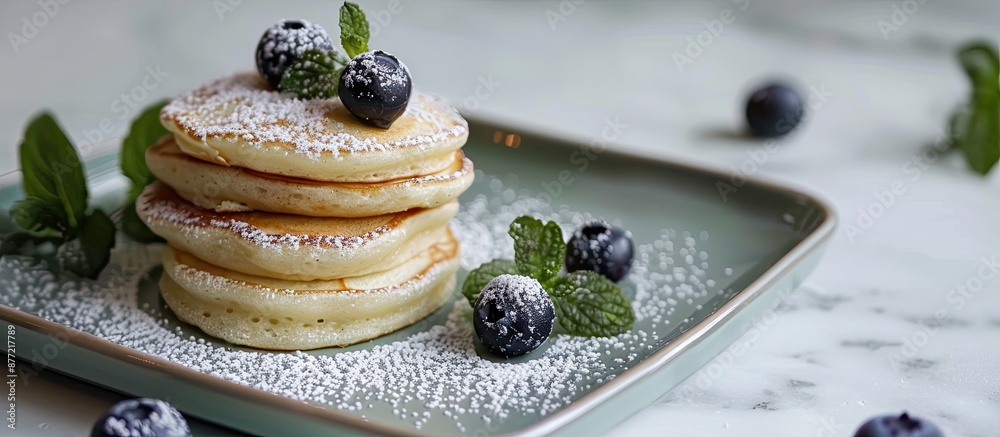 Aufkleber Blueberries and icing sugar top Japanese style pancakes on a square green plate with a heart shaped jam creating a delicious breakfast scene against a light background Ample copy space for text or des