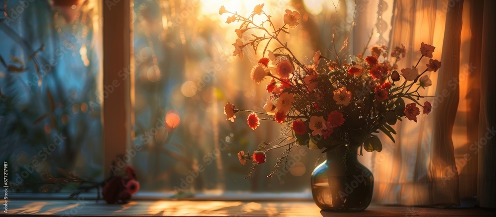 Poster vintage style decoration in evening light featuring flowers in conflict with the illumination create