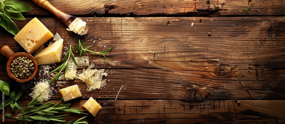 Poster wooden table background with parmesan cheese herbs and spices ideal for showcasing products with cop