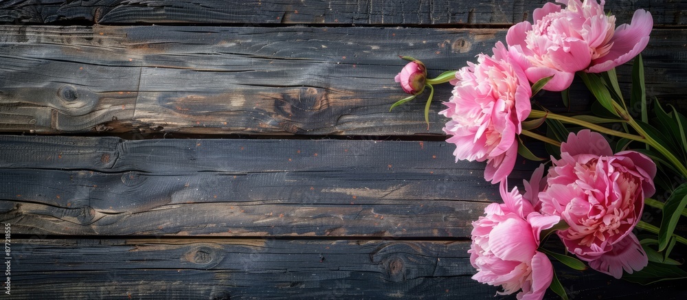 Aufkleber pink peonies displayed on a dark rustic wooden surface from a top down perspective with room for tex