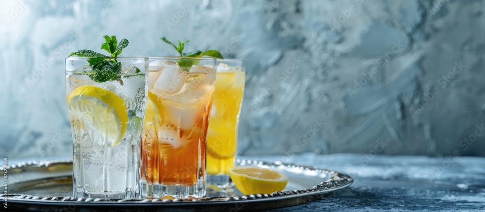Aufkleber assorted glasses on a silver tray hold summer beverages with ice lemon and mint against a textured w