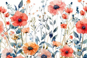 A beautiful arrangement of watercolor flowers featuring red and orange blossoms, accented with soft gray leaves, creating a harmonious and artistic design.