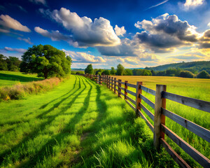 Fototapeta premium field of grass with a rustic wooden fence along the edge, generative ai