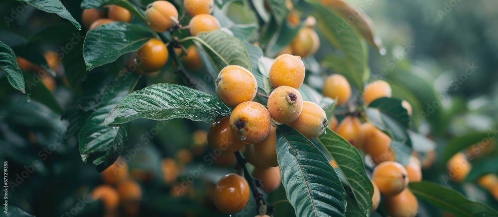 Poster lush green trees with loquat fruits ripening providing a serene backdrop in the orchard setting with