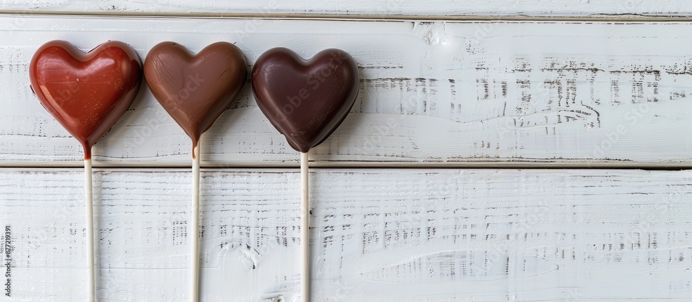 Fototapete heart shaped chocolate lollipops arranged on a white wooden surface in a top down view providing roo