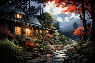 Illustration in watercolor of a garden of the house in the composition of spring, generative IA