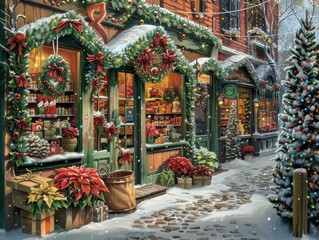 Fototapeta premium A Christmas scene with a store front with a wreath on the door. The store is decorated with Christmas decorations and there are potted plants and boxes on the sidewalk