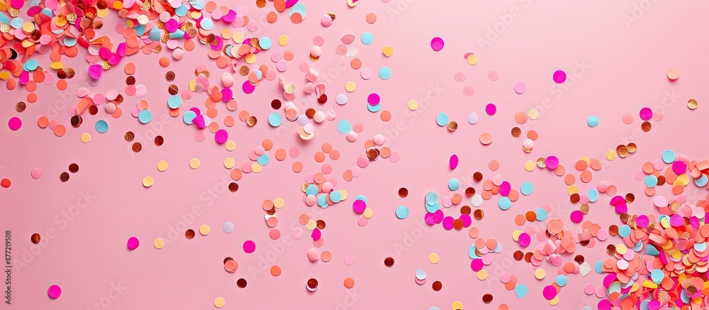Poster Festive background in soft pink with colorful confetti for text placement Flat lay view from above with a copyspace image