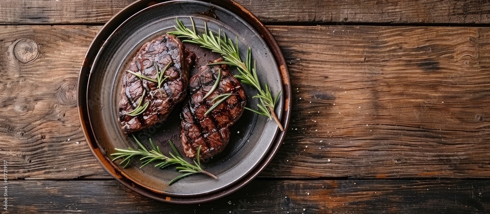 Aufkleber Top down view of a plate with cooked steaks and sprigs of rosemary on a wooden surface with a clear space for additional images