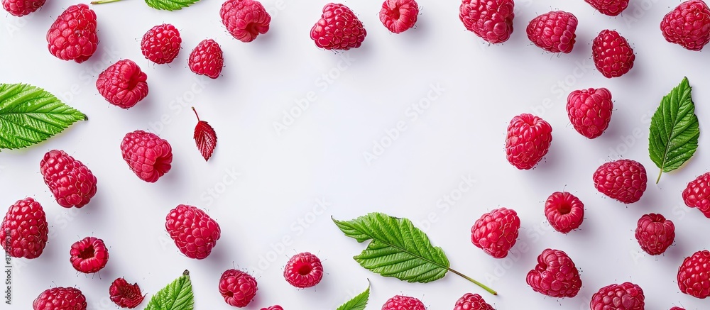 Poster organic raspberries with leaves isolated on a white background perfect for a copy space image health