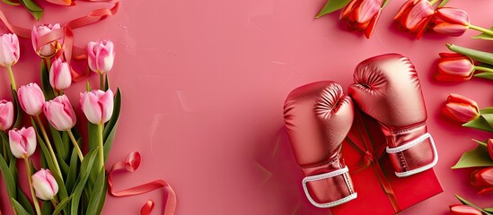 A color background featuring a gift box tulip flowers and boxing gloves for International Women s Day with copy space image