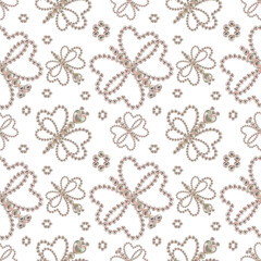 Seamless pattern of pearl jewelry in the shape of a heart on a white background. Watercolor illustration in pastel palette with holographic effect for wallpaper, Valentine's card, engagement, wedding