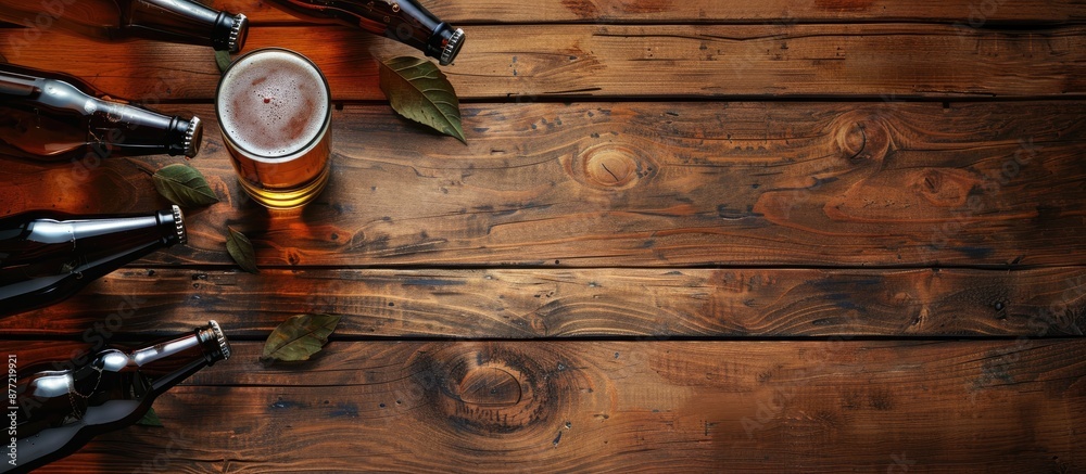 Aufkleber Top view of a beer glass on a wooden table with beer bottles around it The image features selective focus and a blank template for copy space