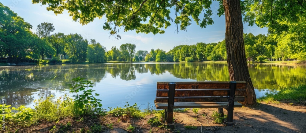 Poster a picturesque scene of stunning trees mirrored in the lake on a sunny day surrounded by a wooden ben