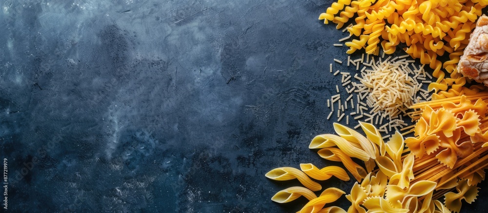 Poster top view of various types of traditional italian pasta like penne tagliatelle fusilli farfalle and s