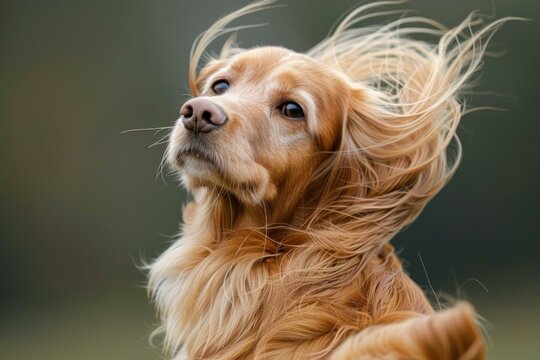 Closeup of a golden spaniel with its fur blowing in the wind, showcasing its elegance