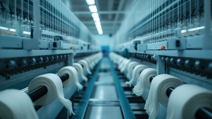 spinning yarn mills machines with white thread in the automated textile factory workshop