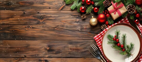 Top view of a festive Christmas table setting with decorations on a holiday themed background including copy space image