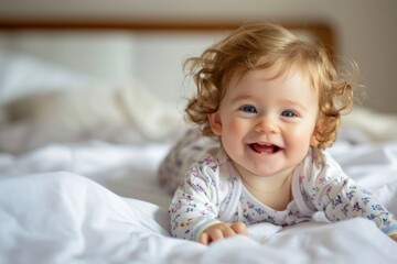 Fototapeta premium Portrait of Happy smiling baby lies on the bed