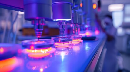 A lab with a person taking a picture of a machine. The machine is purple and has a light on it