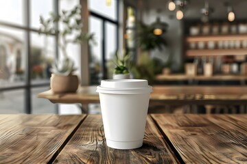 A mockup closeup of a plain white coffee cup on a rustic wooden table with a cozy cafe background, ideal for showcasing logos and branding.