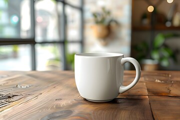 A mockup closeup of a plain white coffee cup on a rustic wooden table with a cozy cafe background, ideal for showcasing logos and branding. 