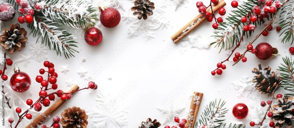 Poster christmas themed border design featuring snow cinnamon sticks and berries on a white background with