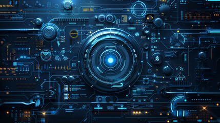 Fototapeta premium Futuristic digital interface with a complex design, glowing holographic elements, and a blue color scheme. Perfect for tech and innovation themes.