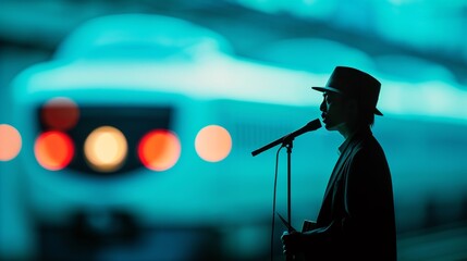 Singer performing in a singing battle, Shinkansen models displayed behind, [competition], [innovative stage]