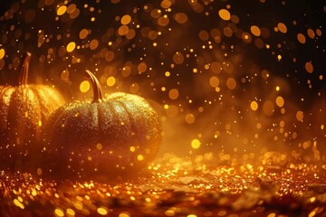 Shimmering pumpkins bathed in golden light, surrounded by a bokeh effect, creating a magical and festive autumn atmosphere.