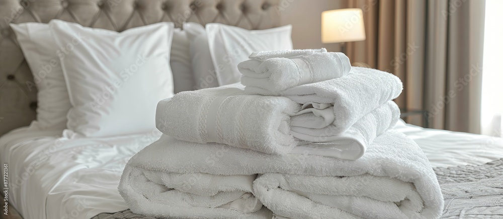 Poster Clean towels neatly stacked on a bed with copy space image