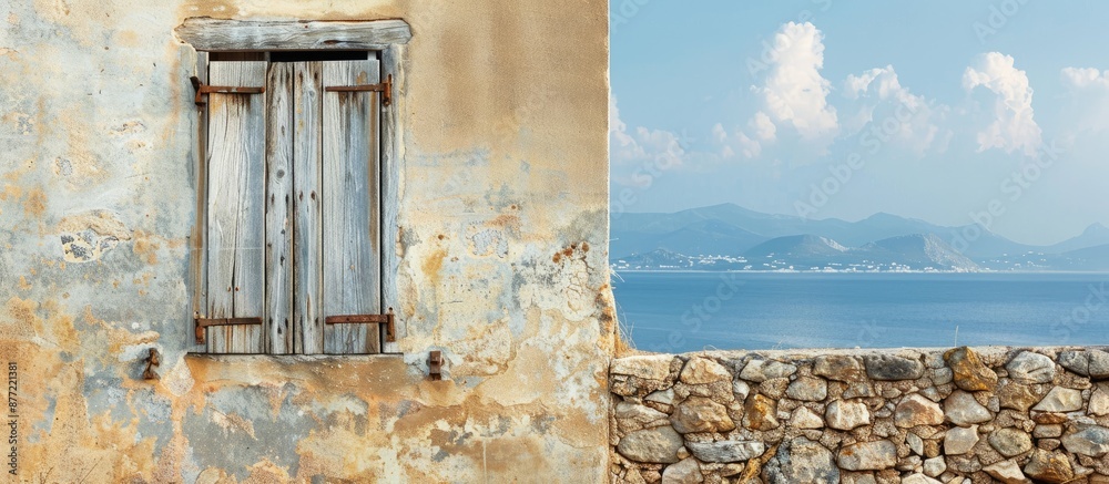 Poster ancient house wooden window with a rustic charm set against a scenic backdrop ideal for a copy space