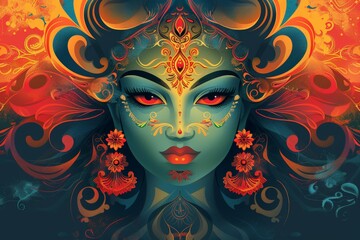 Detailed mystical illustration of a goddess with glowing elements and ornate patterns, embodying spiritual and divine energy.