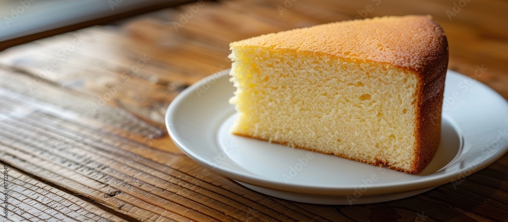 Poster Soft Japanese butter cake on a white plate placed on a wooden table with available copy space image