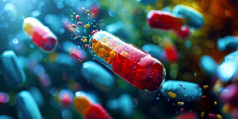 "Colorful Pills in Motion - Pharmaceutical Medication Concept | Dynamic Capsules - Drug Research and Development"

