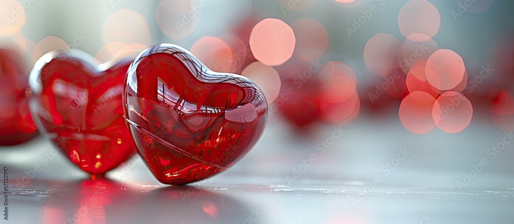 Poster Valentine s Day theme with shiny red heart shapes on a white background set in soft focus creating a bokeh effect around copy space image