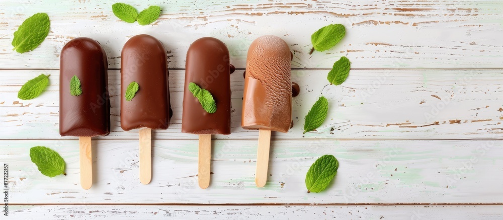 Fototapete flat lay of delectable glazed ice cream bars in chocolate and mint flavors on a white wooden table w