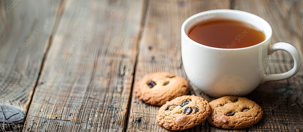 Aufkleber top view of a white porcelain mug of tea and sweet cookies on a wooden surface with selective focus 