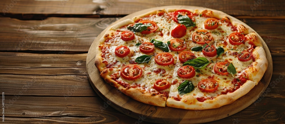 Poster a mouthwatering pizza topped with cherry tomatoes on a rustic wooden table perfect for a copy space 