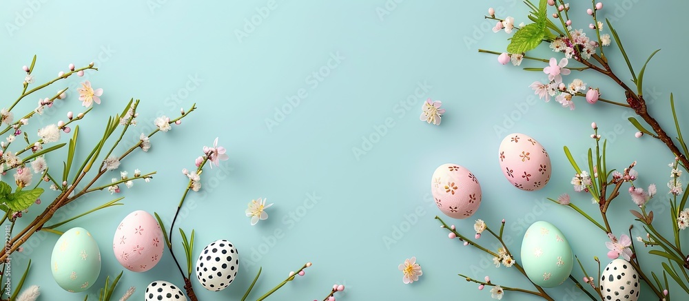 Aufkleber create an easter themed card design featuring willow twigs easter eggs and flowers against a backgro