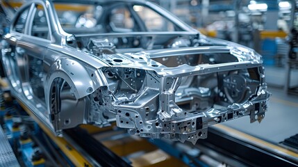 Fototapeta premium A car frame is being built on the assembly line in an automotive factory, showcasing its construction process and advanced technology used for various cars.