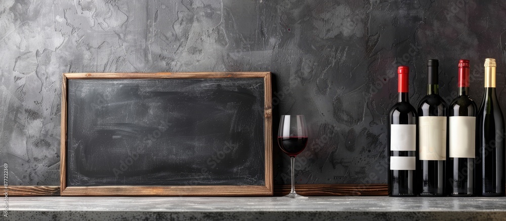 Fototapete Assorted wine bottles displayed on a stone table with a chalkboard featuring wine text in a copy space image