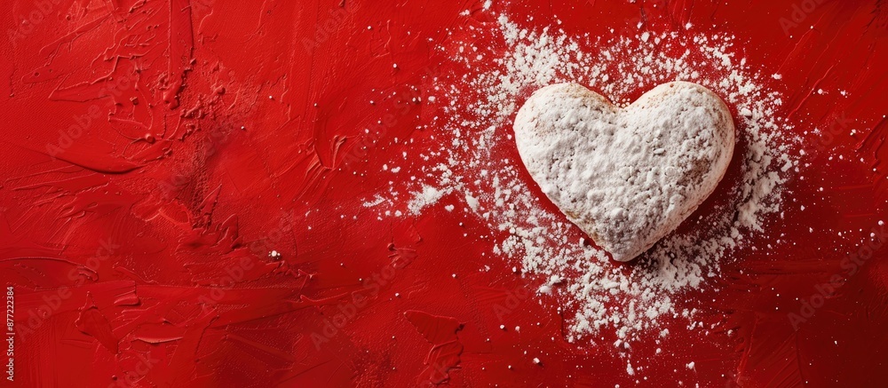 Poster heart shaped design with powdered sugar sprinkled elegantly over a vivid red backdrop providing ampl